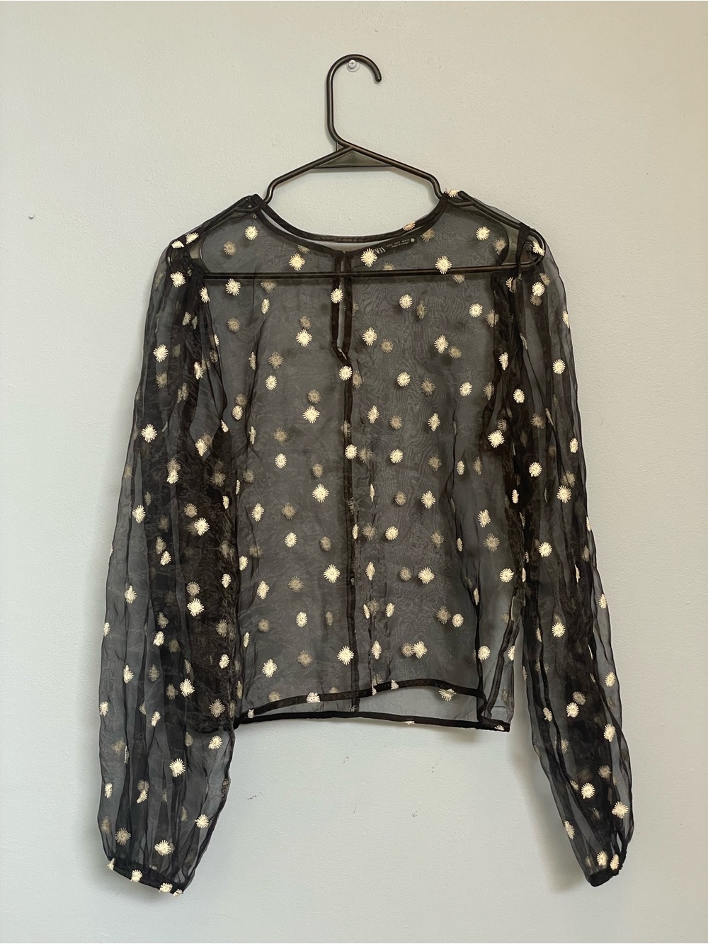 Zara Black Sheer Blouse with Cream Dot Embroidery
